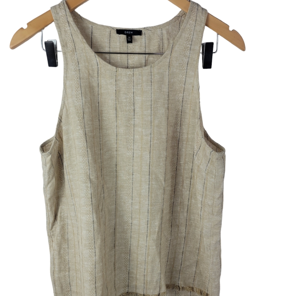 Drew Sleeveless Tank Top Beige Linen Fringe Trim Medium Tan Brown Hippie Bohem…